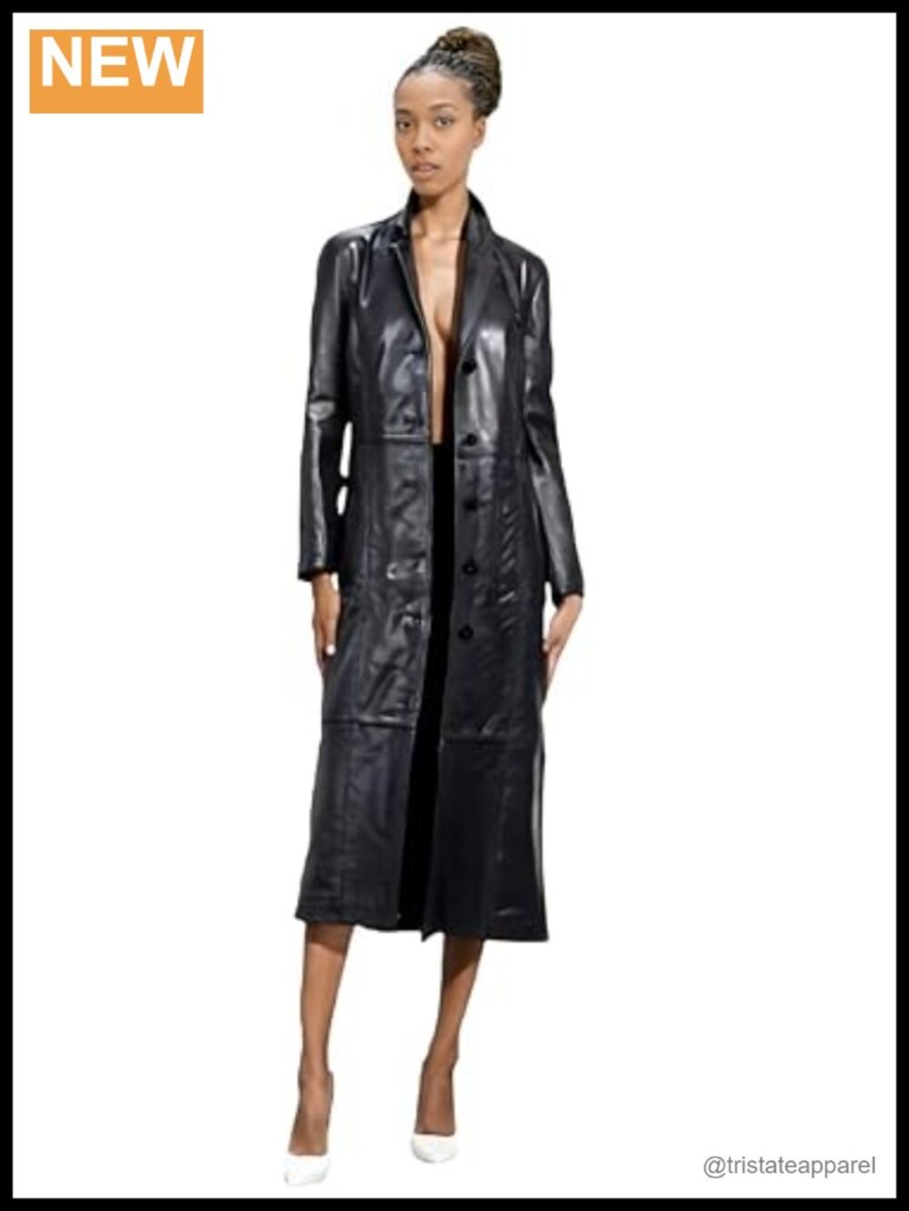 Women's Real Lambskin Leather Long Trench Coat, Black Classic Button Down